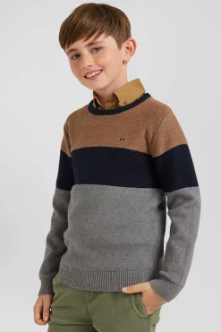 Regular camel tricolour cotton crew neck jumper