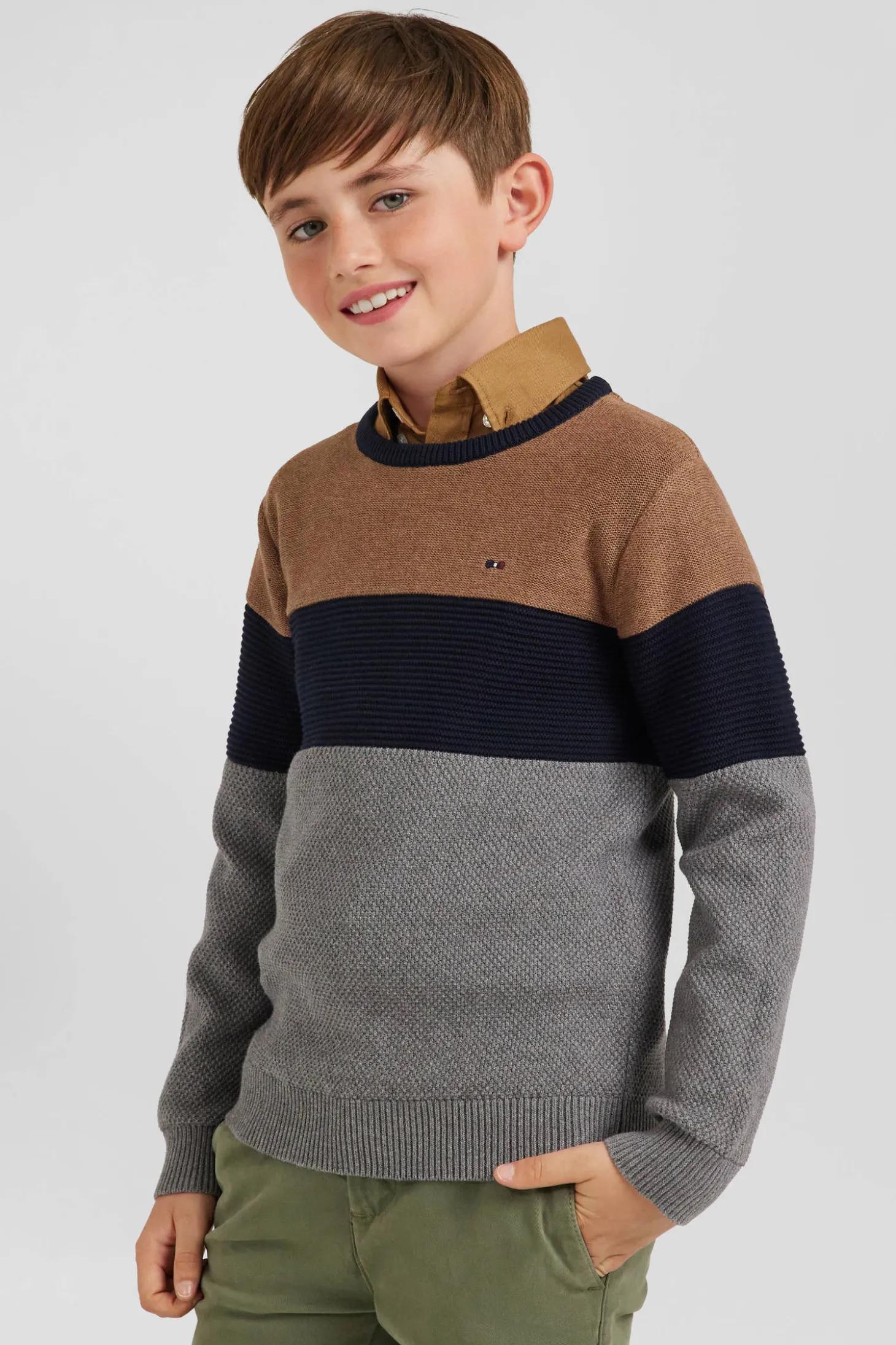 Regular camel tricolour cotton crew neck jumper