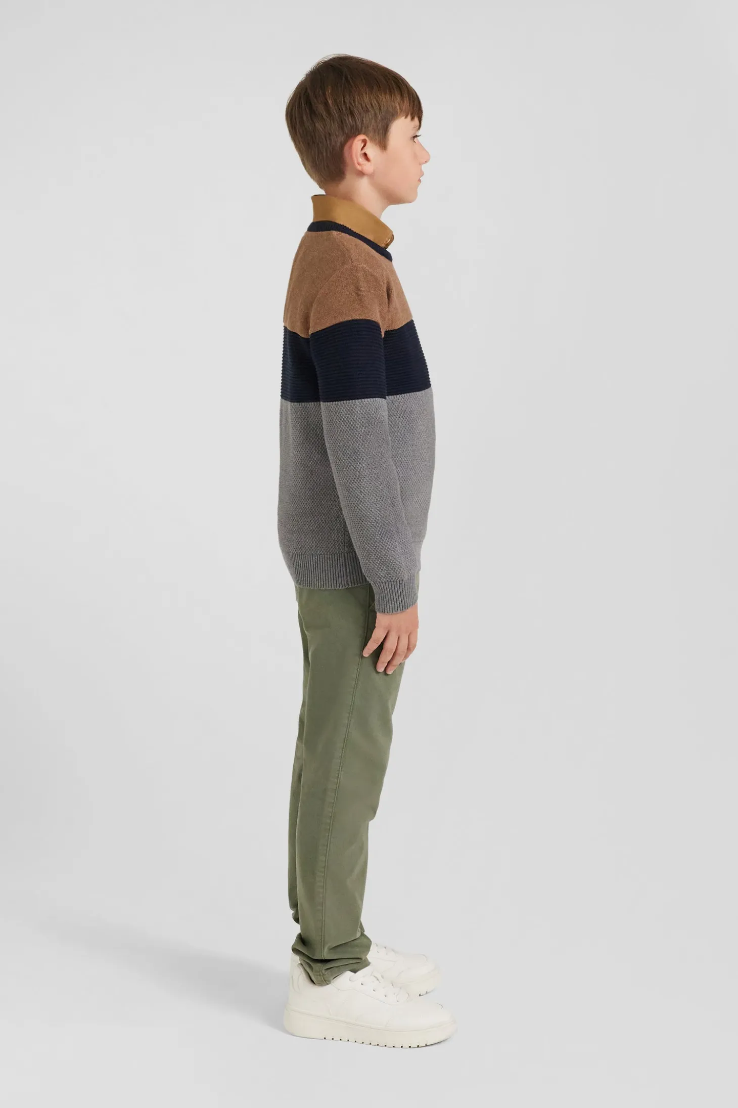Regular camel tricolour cotton crew neck jumper