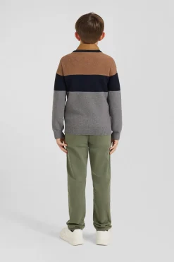 Regular camel tricolour cotton crew neck jumper