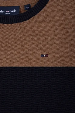 Regular camel tricolour cotton crew neck jumper
