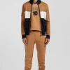 Regular camel tricolour high collar zipped cardigan with N°10 embroidery and knit patterns