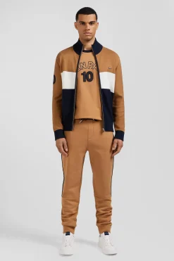 Regular camel tricolour high collar zipped cardigan with N°10 embroidery and knit patterns