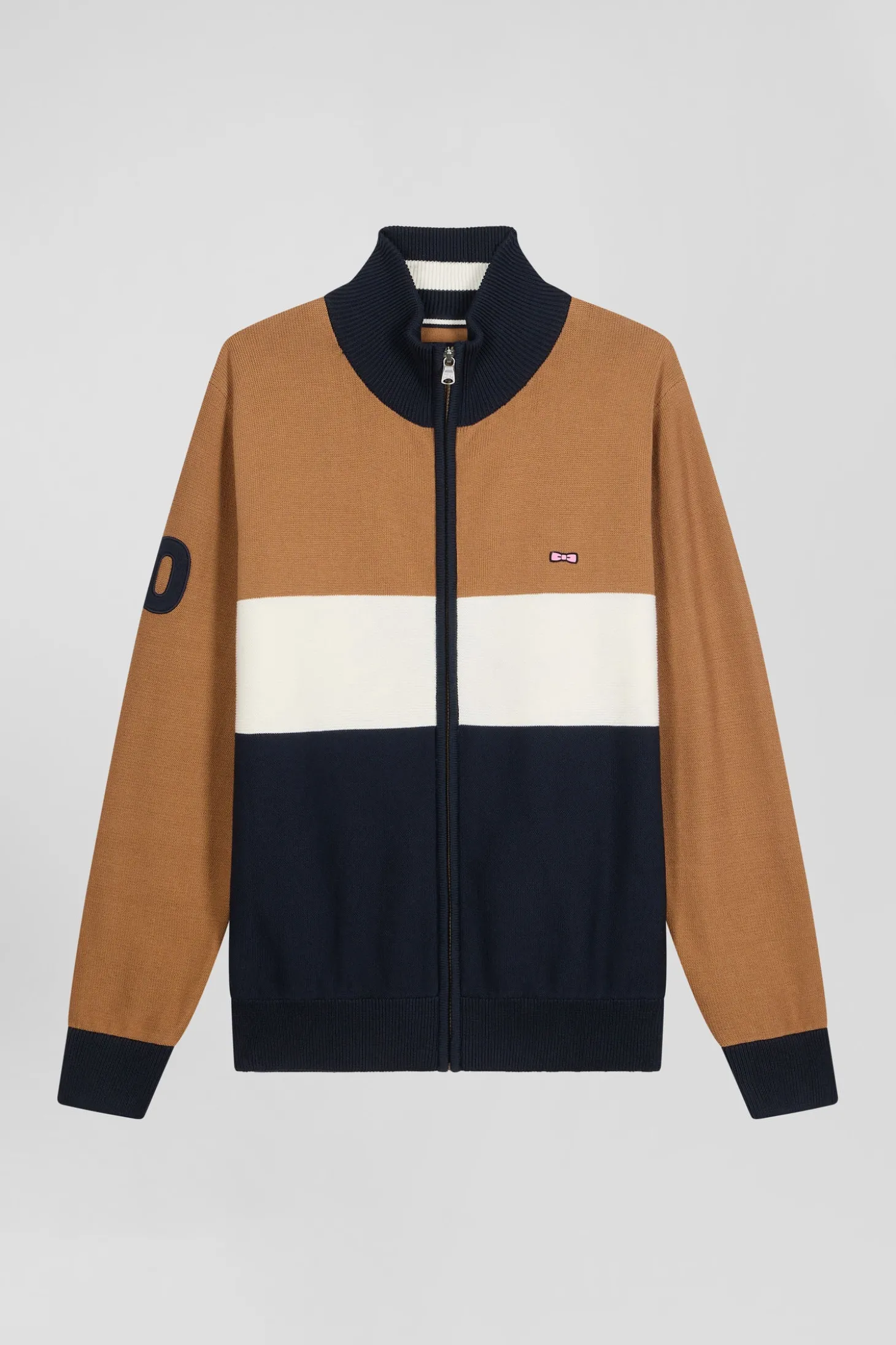 Regular camel tricolour high collar zipped cardigan with N°10 embroidery and knit patterns