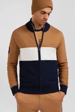 Regular camel tricolour high collar zipped cardigan with N°10 embroidery and knit patterns