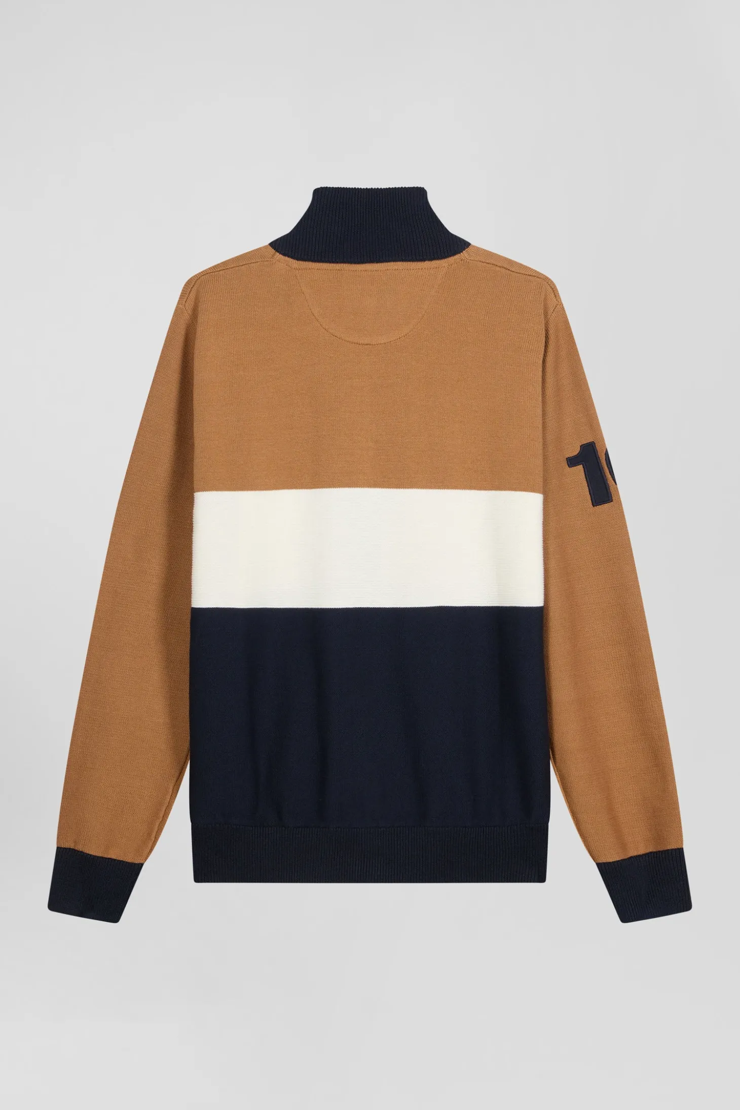 Regular camel tricolour high collar zipped cardigan with N°10 embroidery and knit patterns
