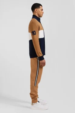 Regular camel tricolour high collar zipped cardigan with N°10 embroidery and knit patterns