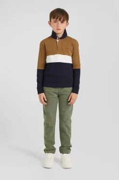 Regular camel tricolour long-sleeved cotton rugby shirt
