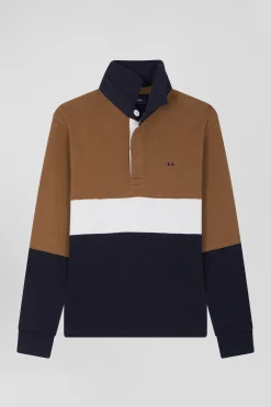 Regular camel tricolour long-sleeved cotton rugby shirt
