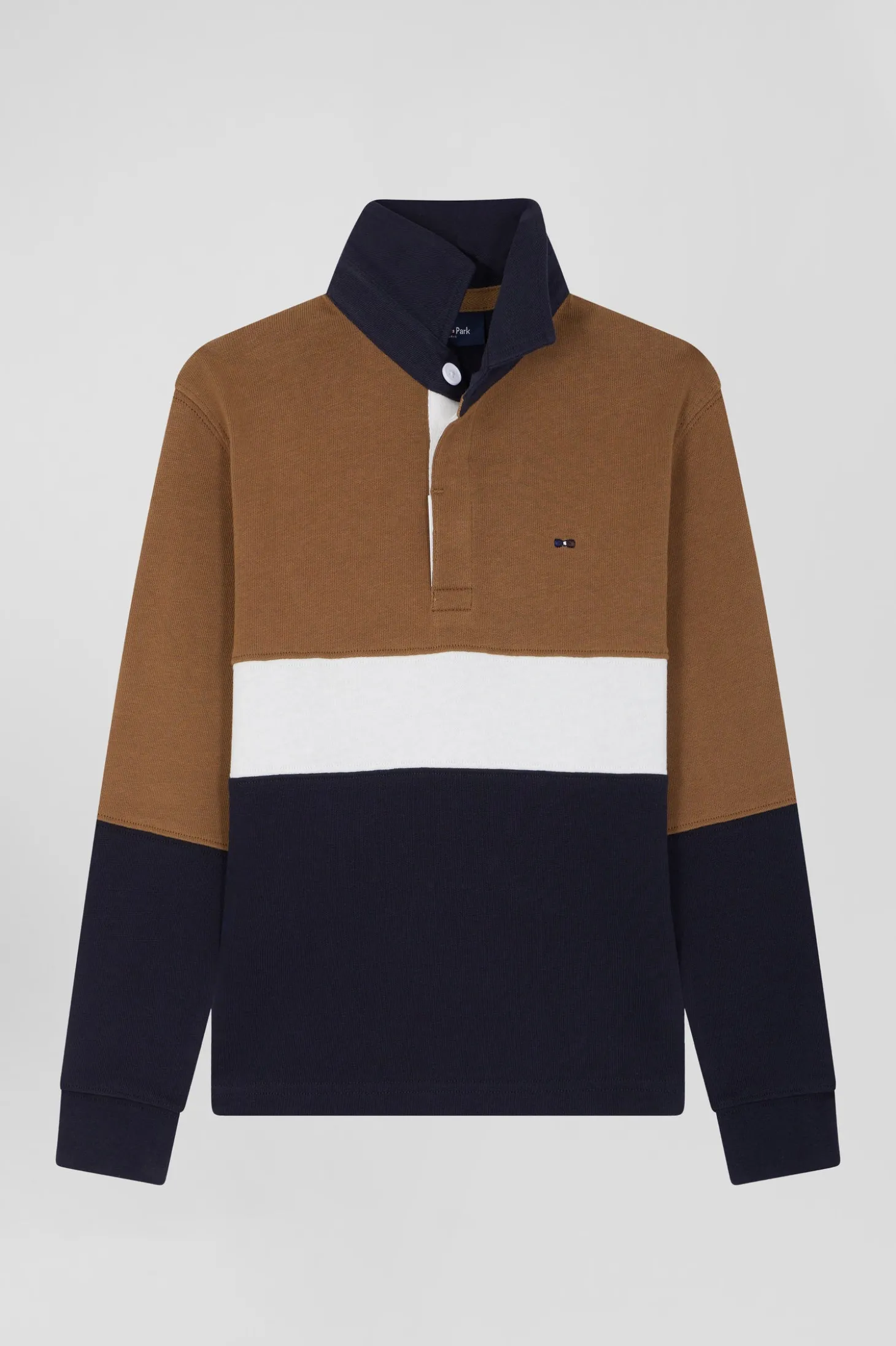 Regular camel tricolour long-sleeved cotton rugby shirt