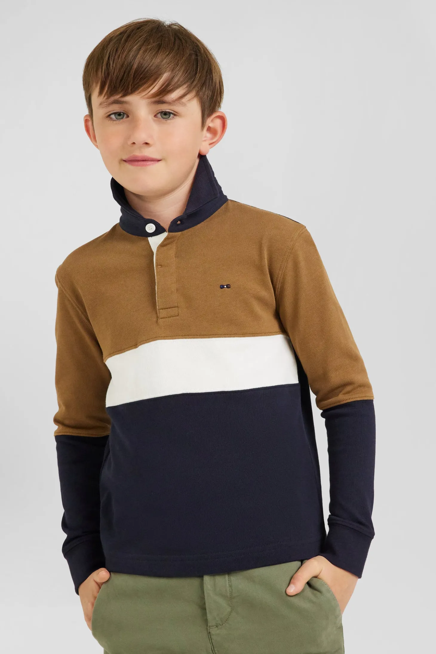 Regular camel tricolour long-sleeved cotton rugby shirt