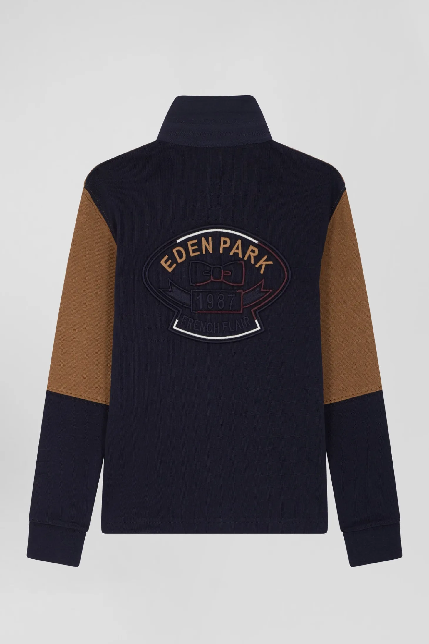 Regular camel tricolour long-sleeved cotton rugby shirt