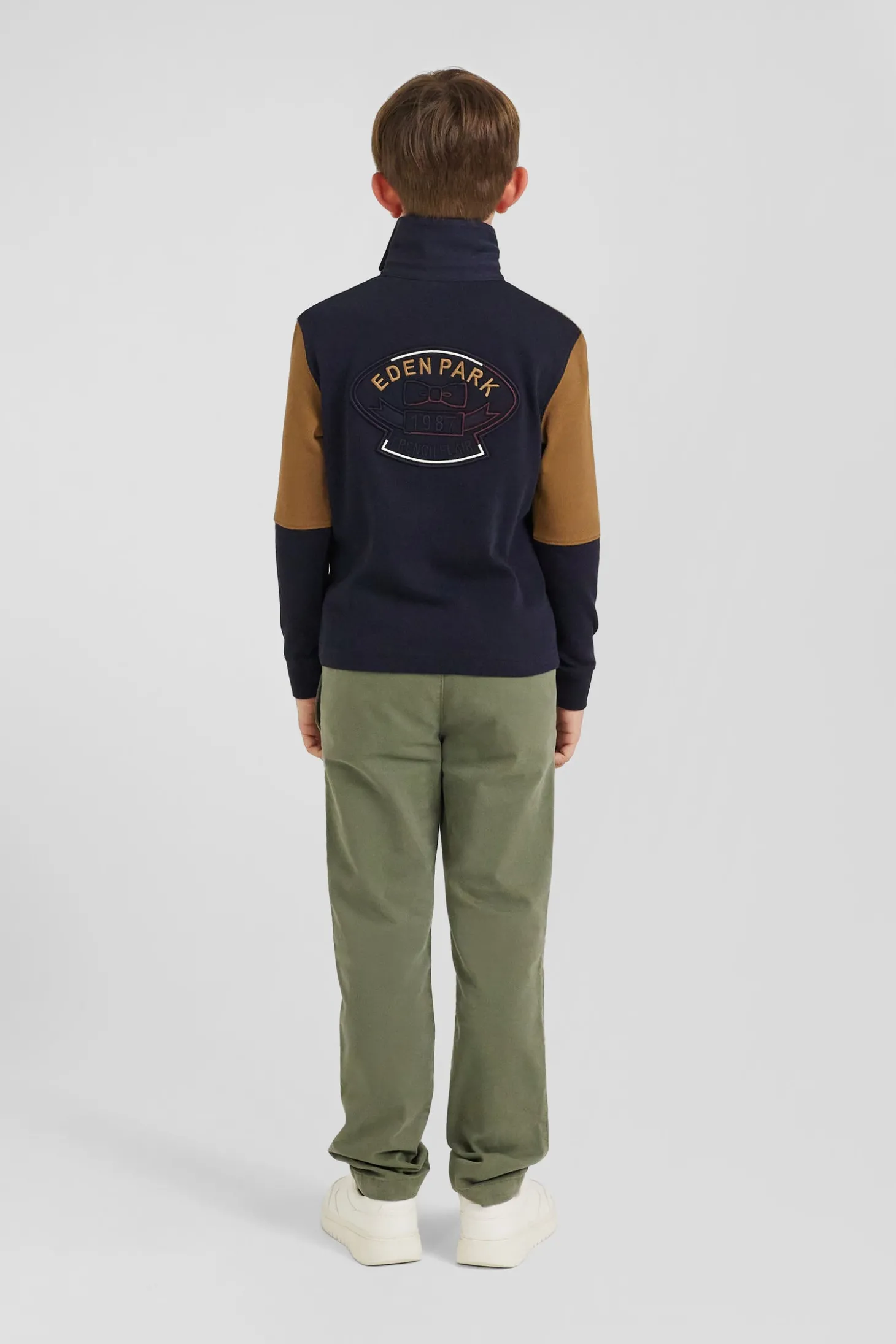 Regular camel tricolour long-sleeved cotton rugby shirt