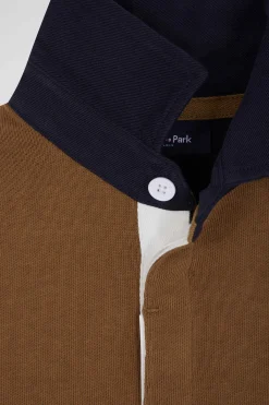 Regular camel tricolour long-sleeved cotton rugby shirt
