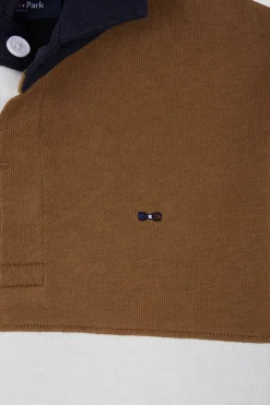 Regular camel tricolour long-sleeved cotton rugby shirt
