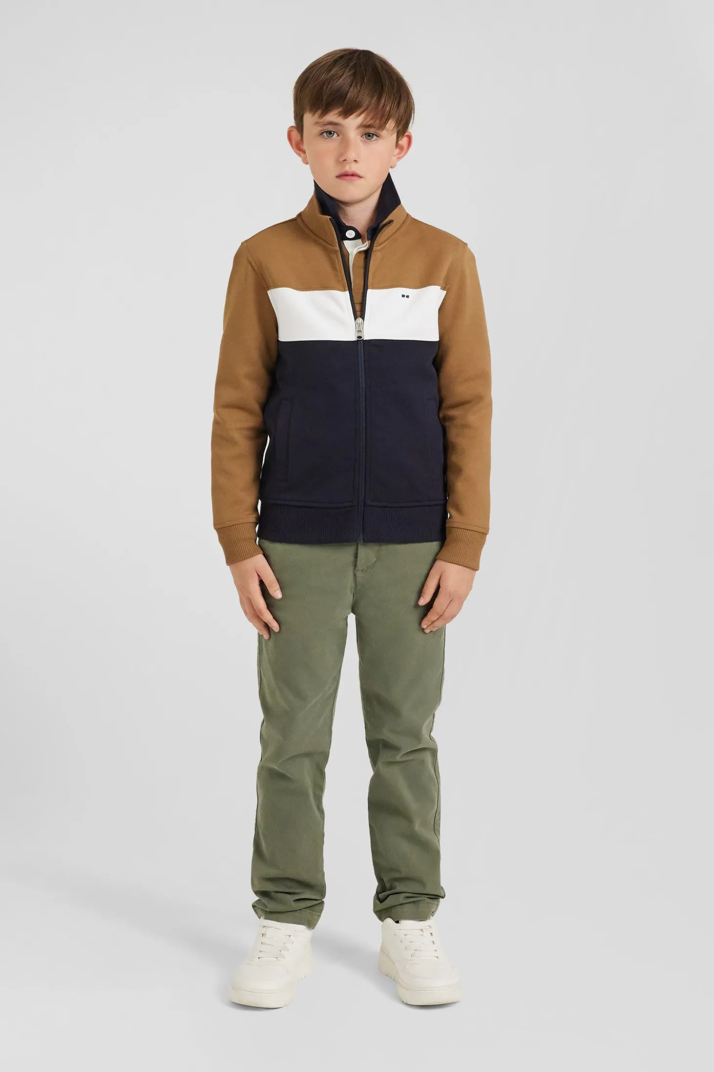 Regular camel tricolour zipped cotton blend sweatshirt