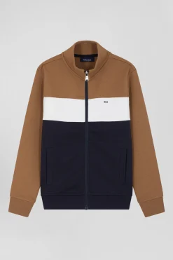 Regular camel tricolour zipped cotton blend sweatshirt