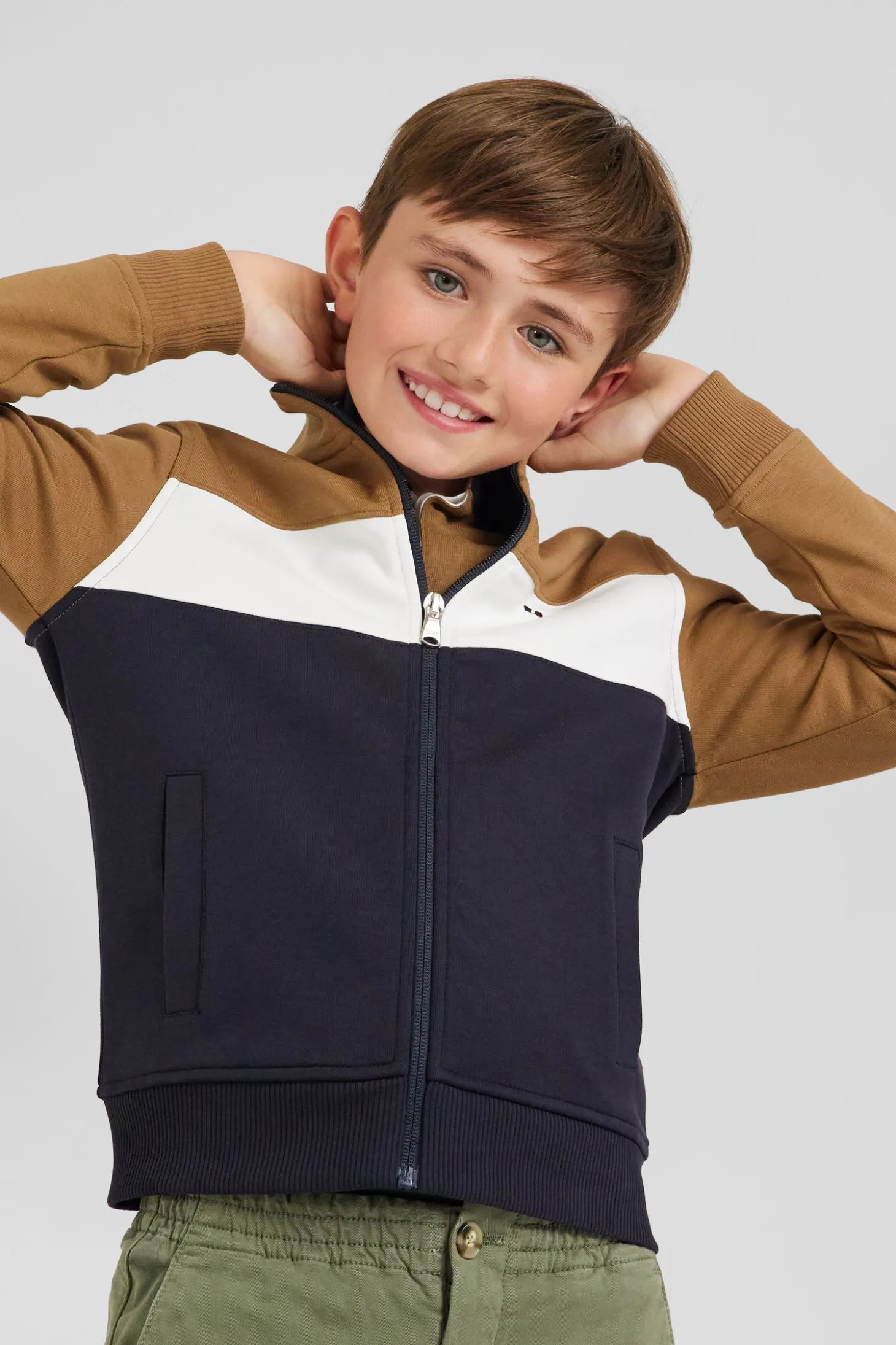 Regular camel tricolour zipped cotton blend sweatshirt