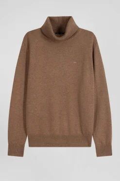 Regular camel wool and cotton turtleneck jumper