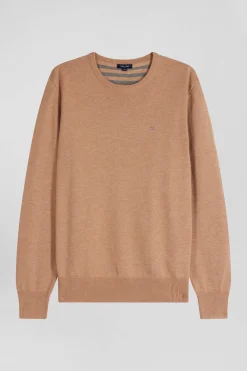 Regular camel wool and cotton crew neck jumper
