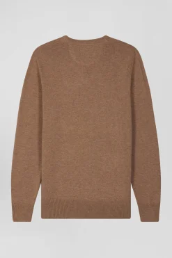 Regular camel wool and cotton V-neck jumper with striped details