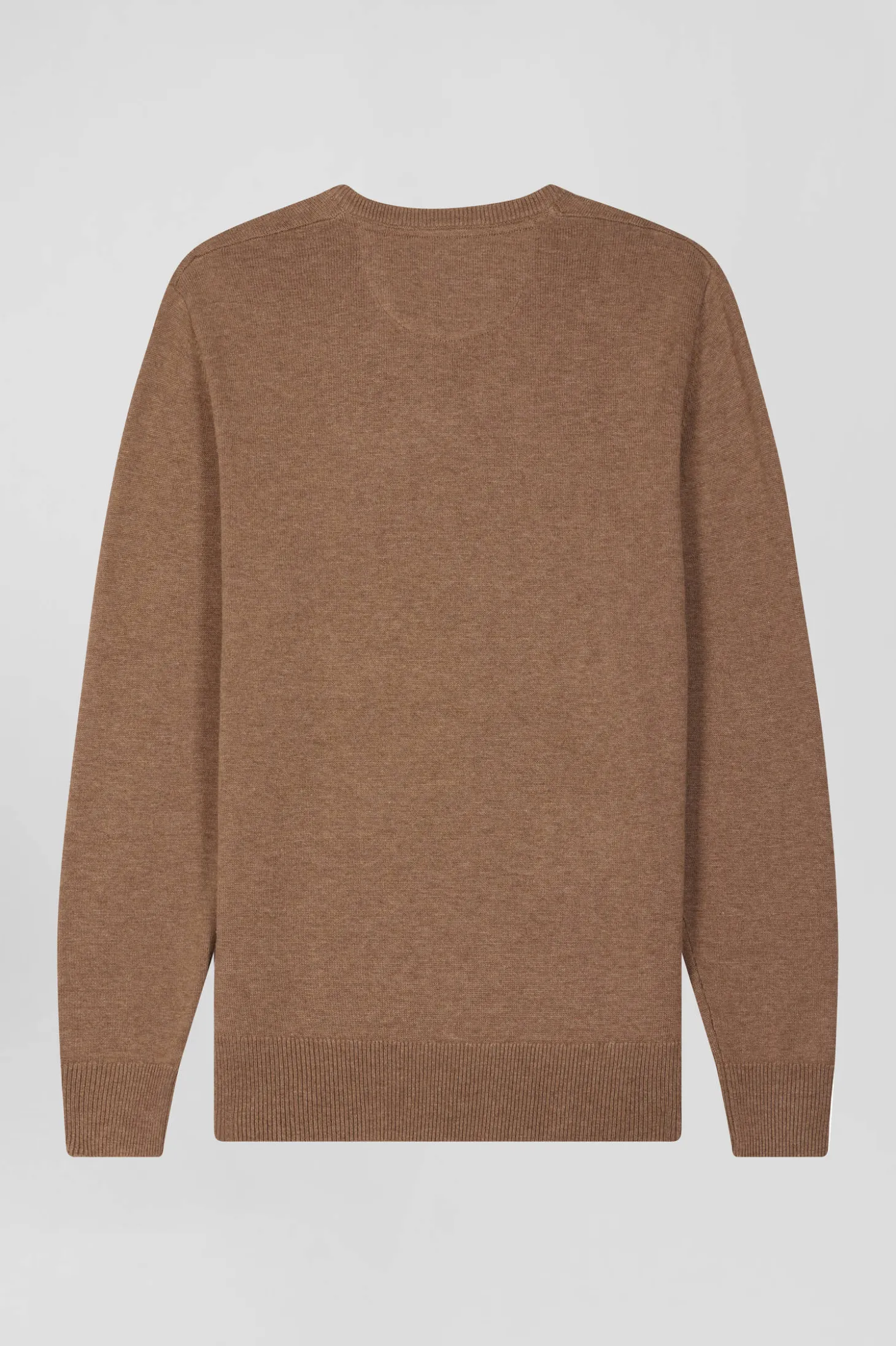 Regular camel wool and cotton V-neck jumper with striped details