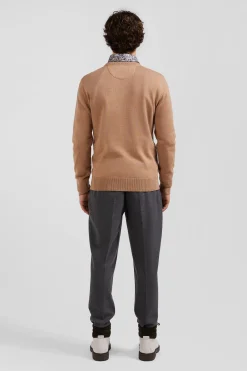 Regular camel wool and cotton crew neck jumper