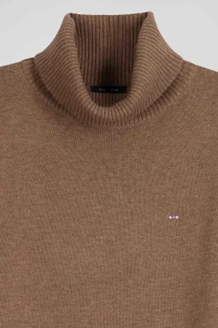 Regular camel wool and cotton turtleneck jumper