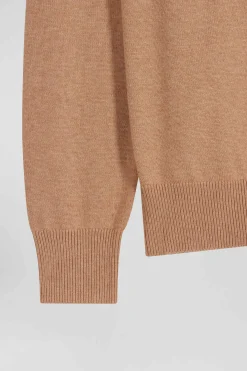 Regular camel wool and cotton crew neck jumper