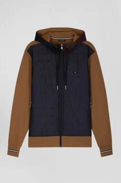 Regular camel zipped bi-material sweatshirt with padded front
