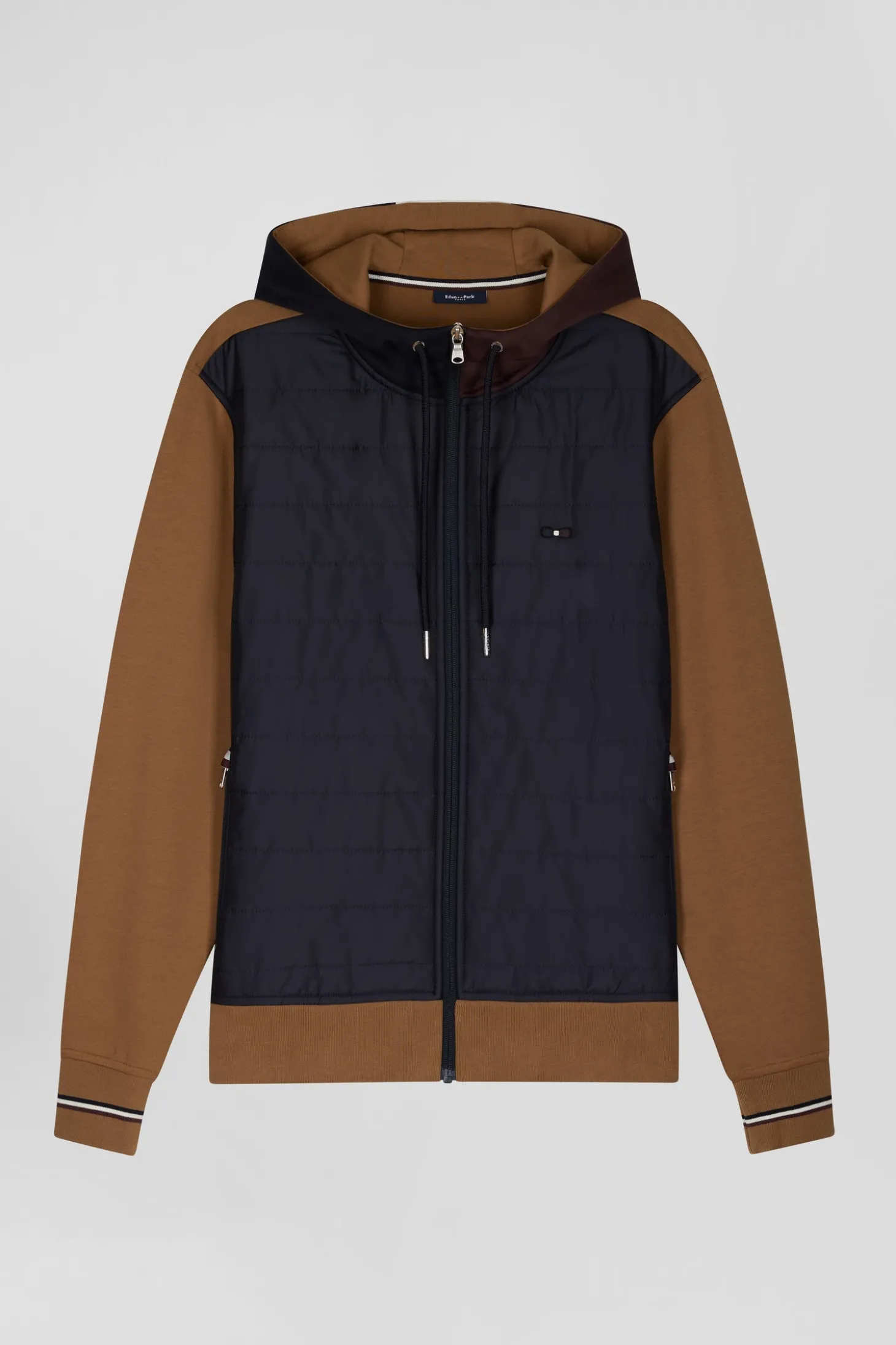 Regular camel zipped bi-material sweatshirt with padded front