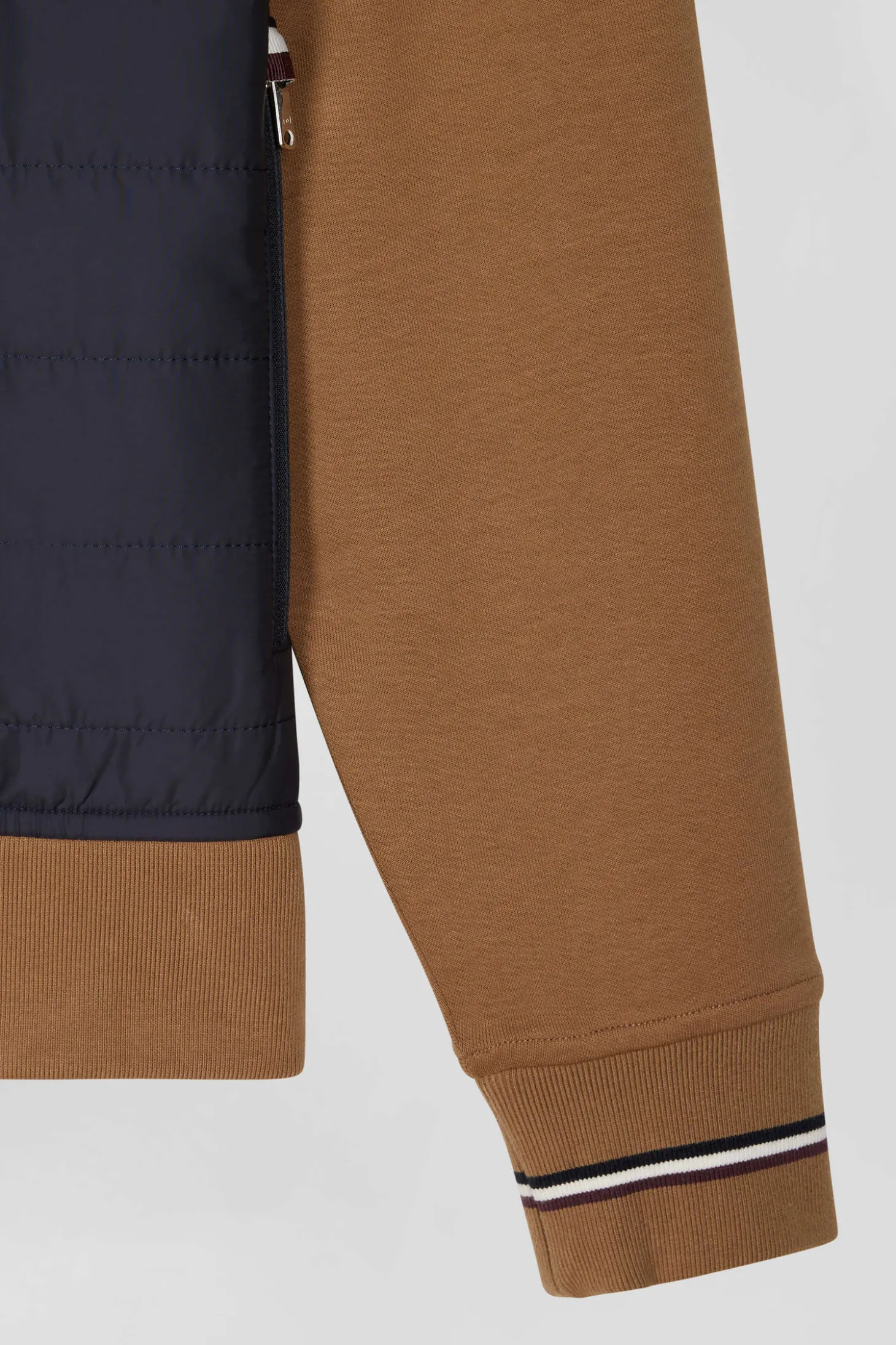 Regular camel zipped bi-material sweatshirt with padded front