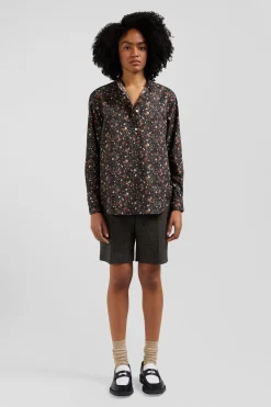 Regular collarless black floral microprinted cotton poplin shirt