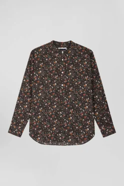 Regular collarless black floral microprinted cotton poplin shirt