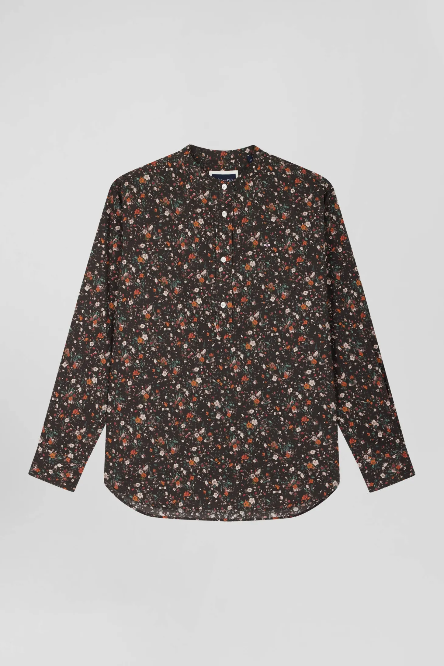 Regular collarless black floral microprinted cotton poplin shirt