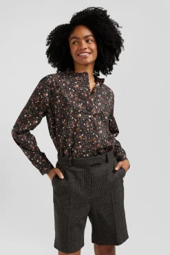 Regular collarless black floral microprinted cotton poplin shirt