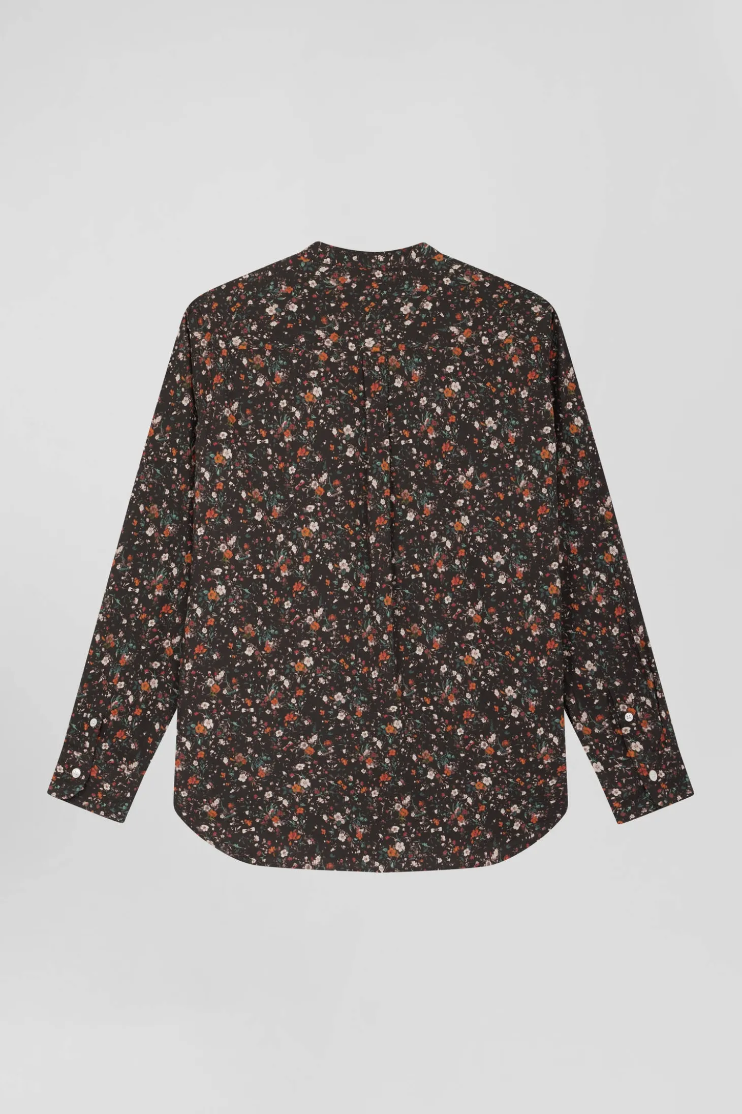 Regular collarless black floral microprinted cotton poplin shirt