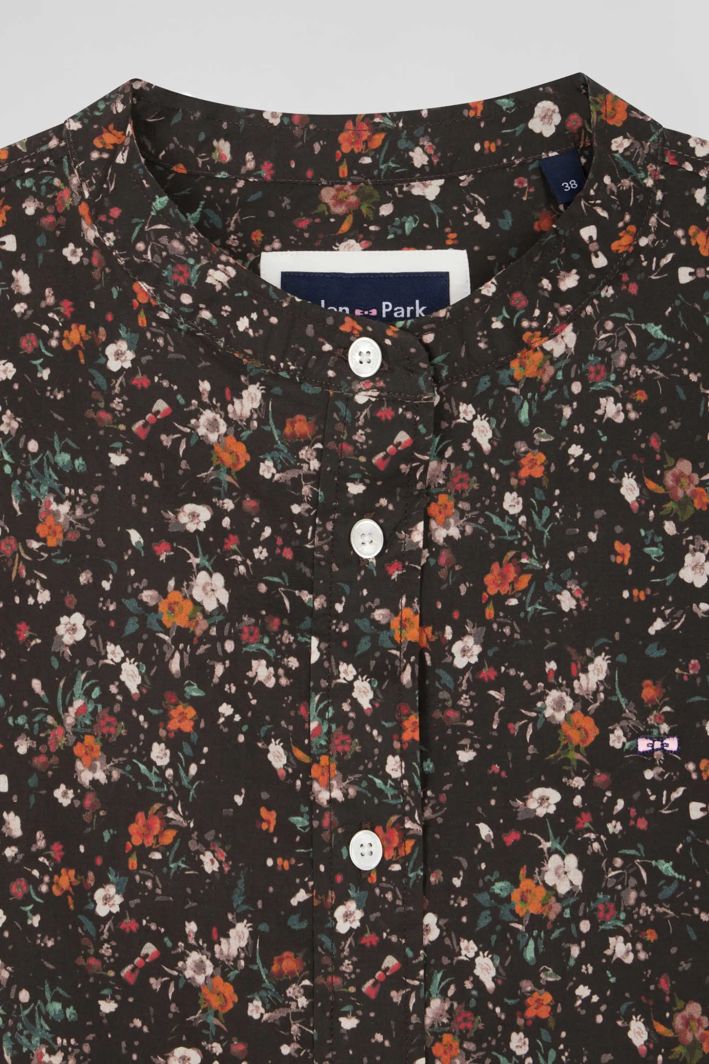 Regular collarless black floral microprinted cotton poplin shirt