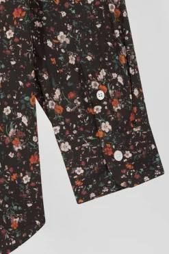 Regular collarless black floral microprinted cotton poplin shirt