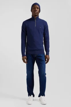 Regular dark blue cotton semi-zipped jumper