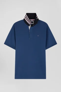 Regular dark blue cotton rugby shirt with contrasted collar