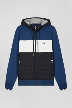 Regular dark blue cotton blend hoodie with padded front