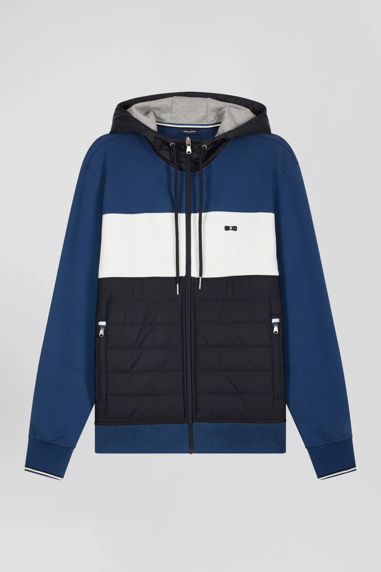 Regular dark blue cotton blend hoodie with padded front