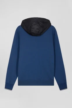 Regular dark blue cotton blend hoodie with padded front