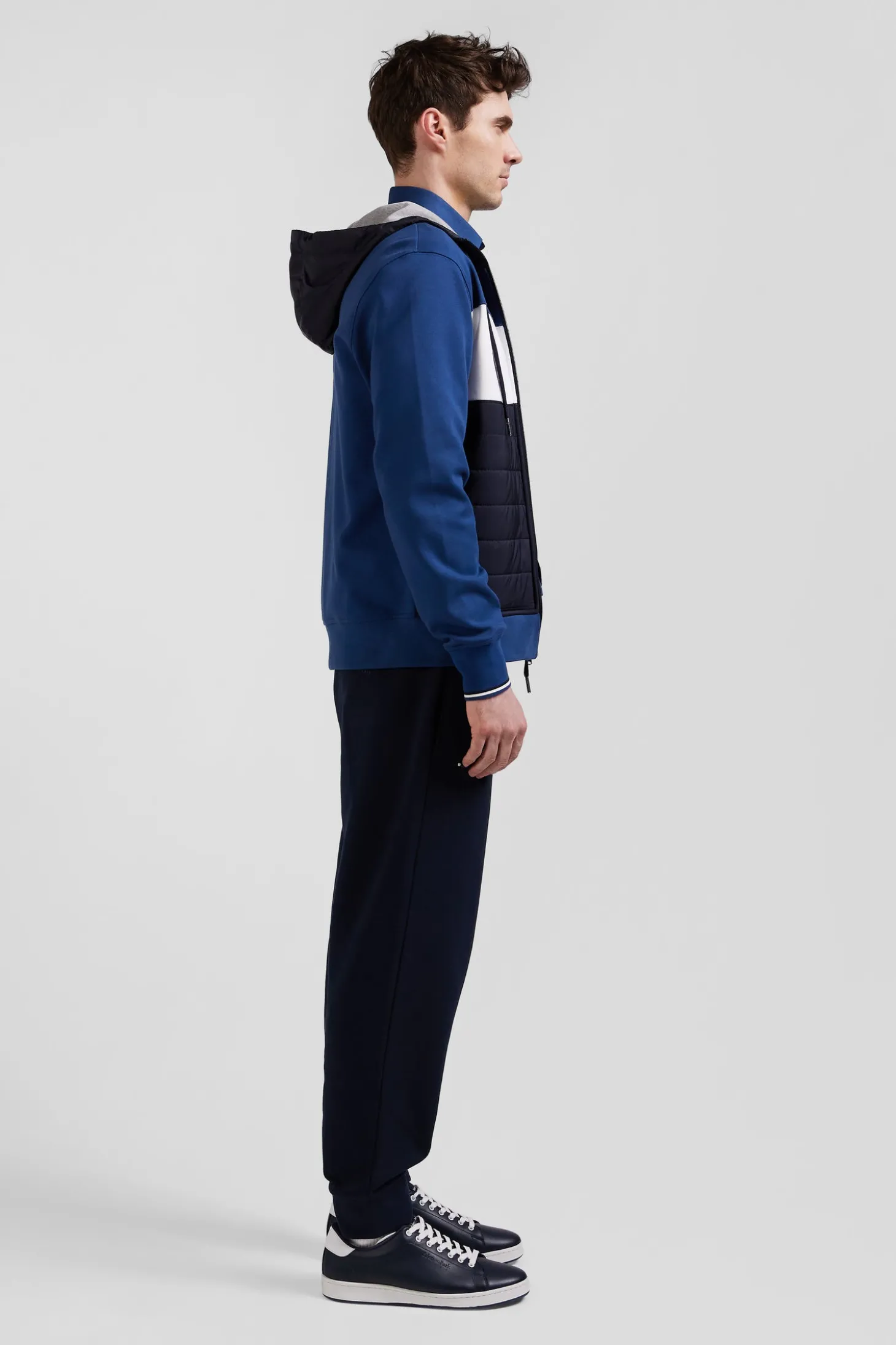 Regular dark blue cotton blend hoodie with padded front