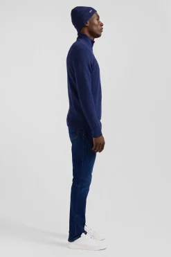 Regular dark blue cotton semi-zipped jumper