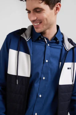 Regular dark blue cotton blend hoodie with padded front