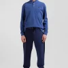 Regular dark blue long-sleeved cotton piqué polo shirt with tricolor details