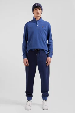 Regular dark blue long-sleeved cotton piqué polo shirt with tricolor details