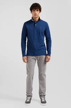Regular dark blue long-sleeved cotton piqué polo shirt with striped collar